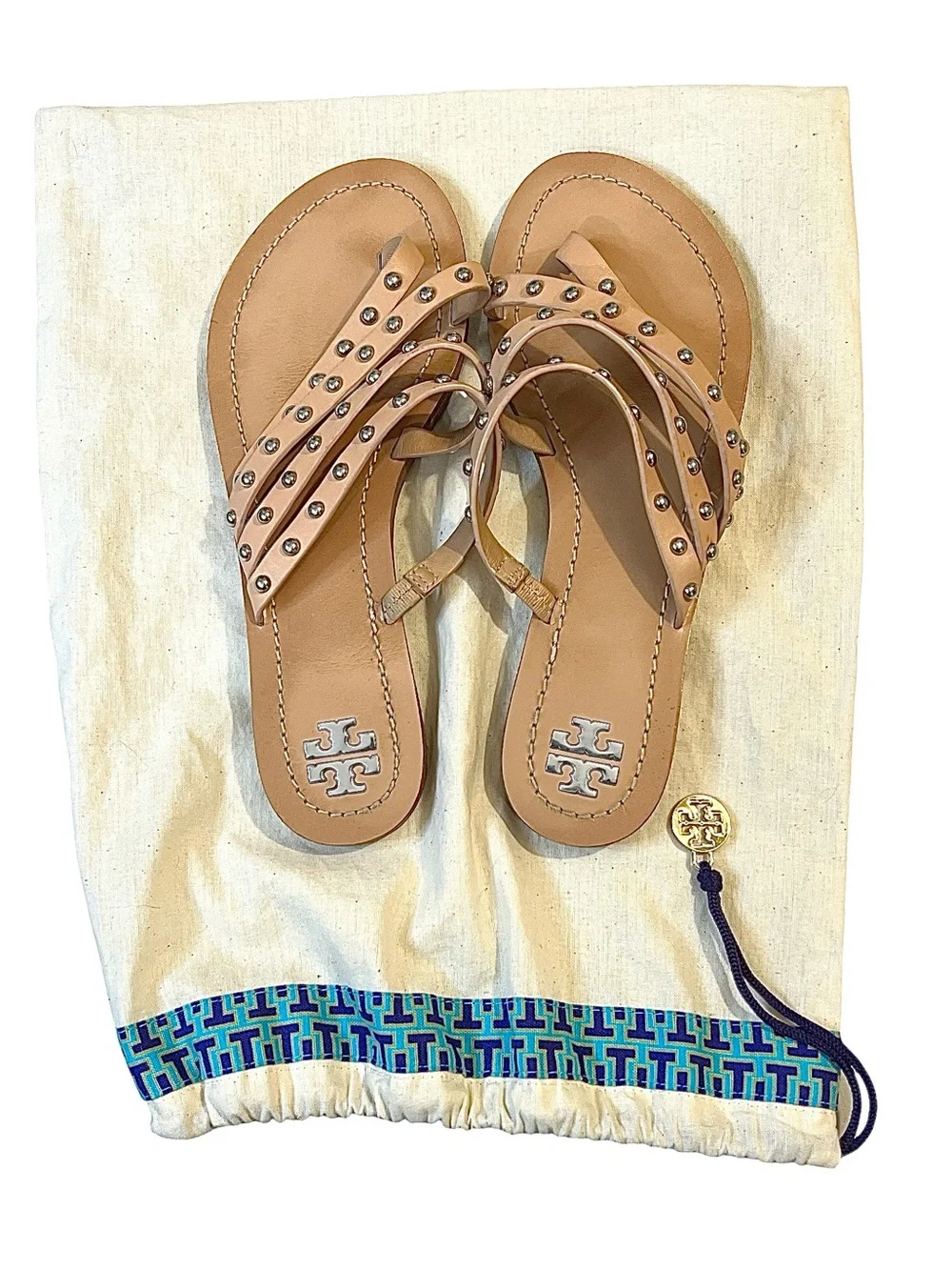 TORY BURCH Patos Studded Thong Sandal - Nude Tan Leather - Silver Studs - Size 7
